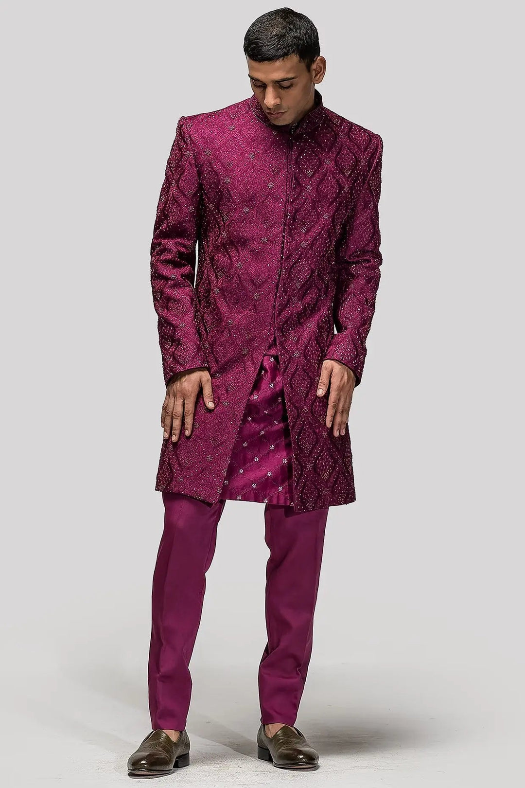 Wine Red Embroidered Sherwani - Asuka Couture