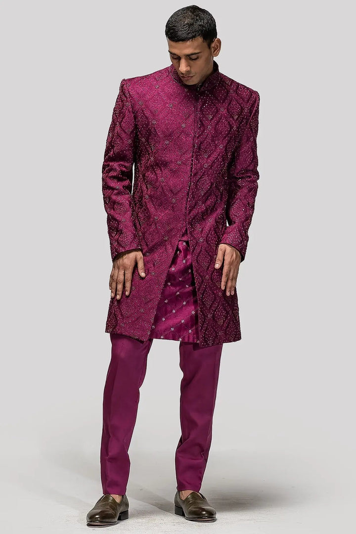 Wine Red Embroidered Sherwani - Asuka Couture