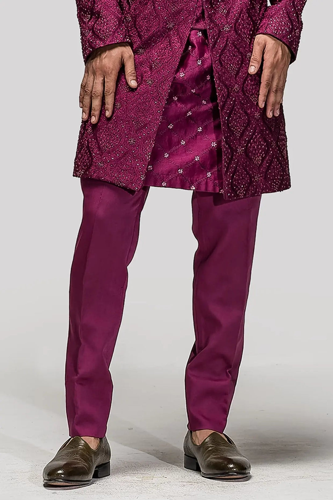Wine Red Embroidered Sherwani - Asuka Couture