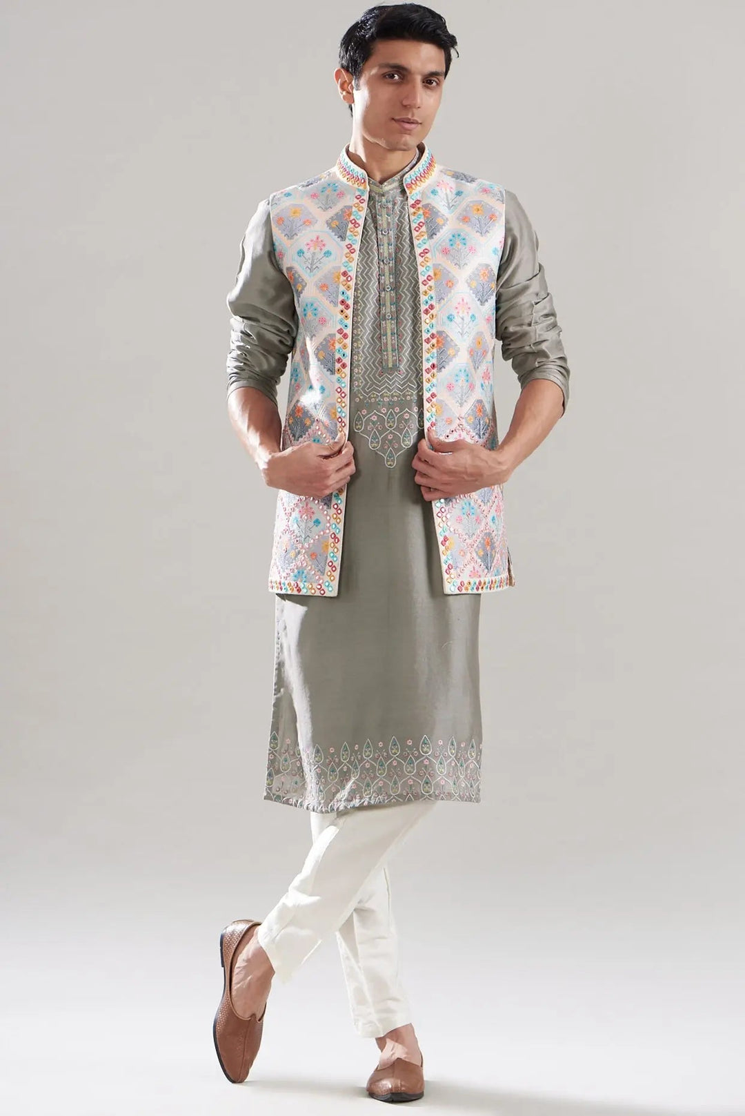 Multi-Colored Cotton Silk Printed Bundi Set - Asuka Couture