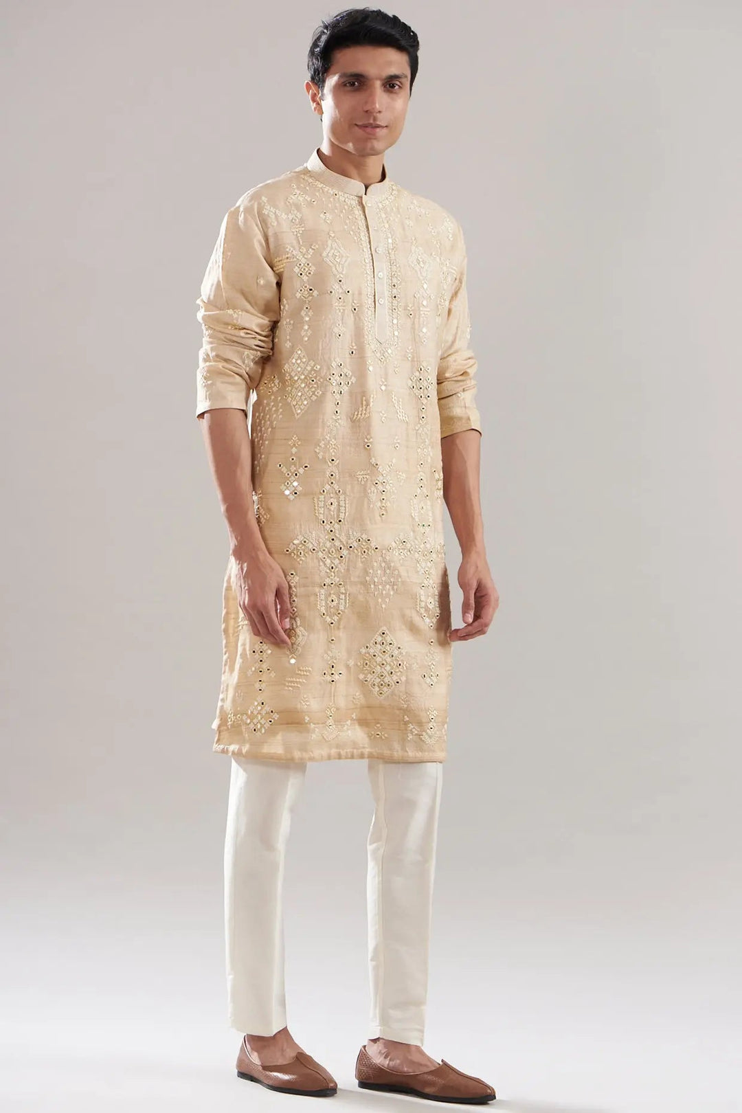 Beige Tussar Silk Embroidered Kurta Set - Asuka Couture