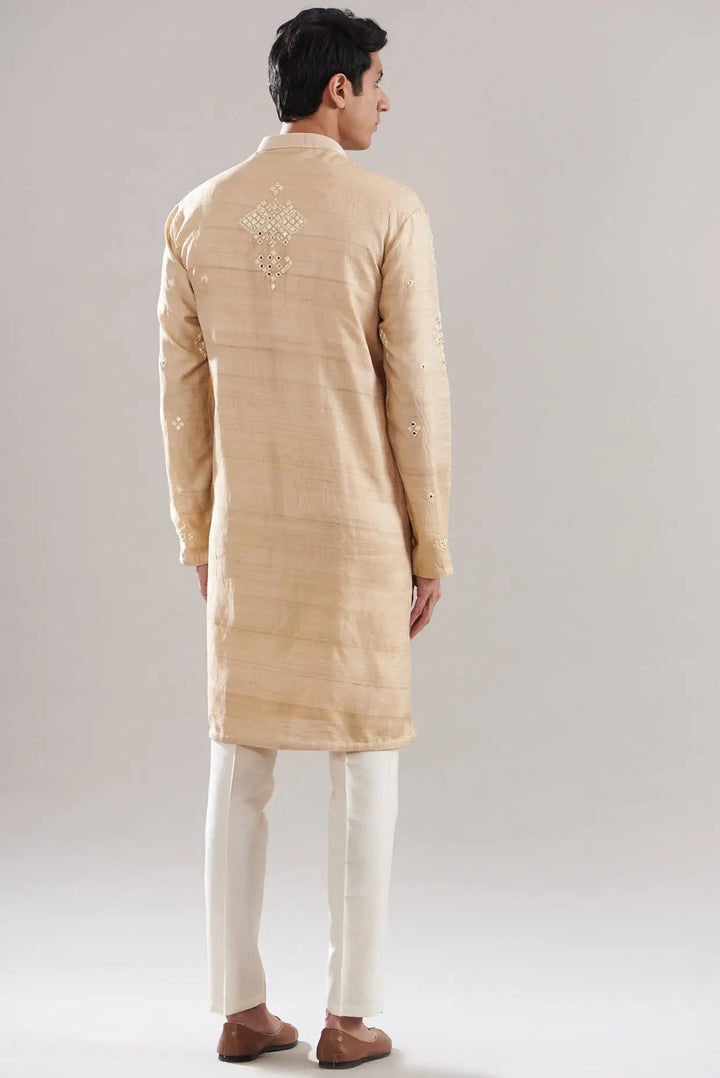 Beige Tussar Silk Embroidered Kurta Set - Asuka Couture