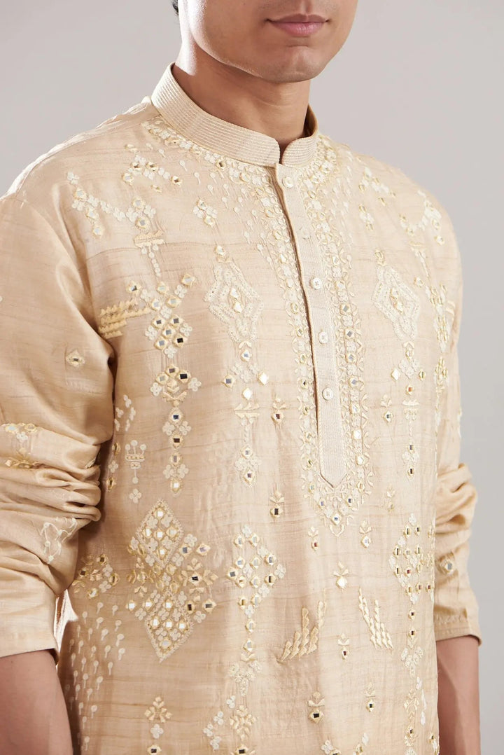Beige Tussar Silk Embroidered Kurta Set - Asuka Couture