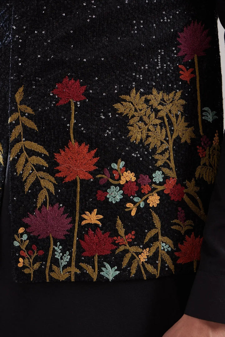 Black Cotton Silk Embroidered Bundi Set - Asuka Couture