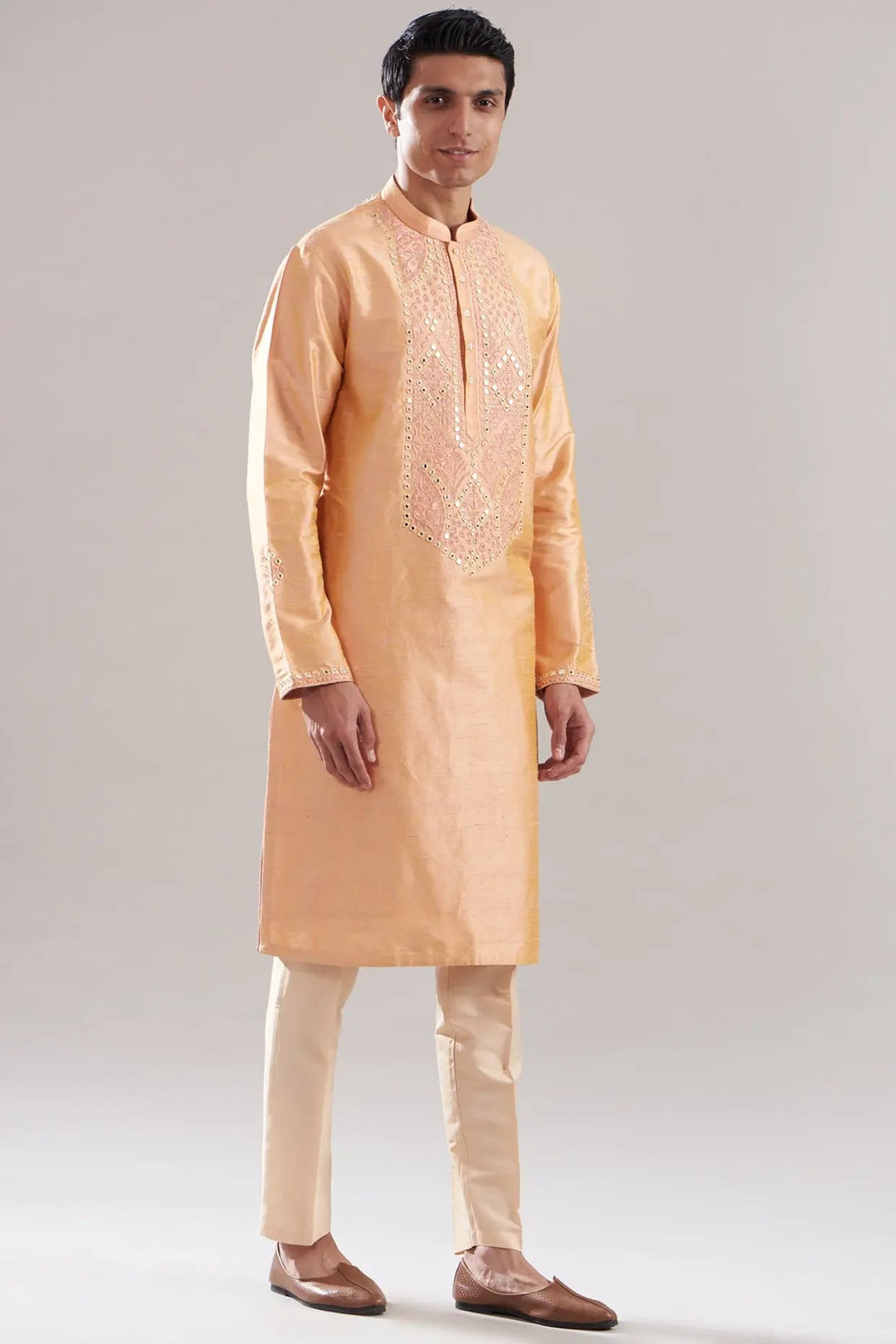 Peach Raw Silk Embroidered Kurta Set - Asuka Couture