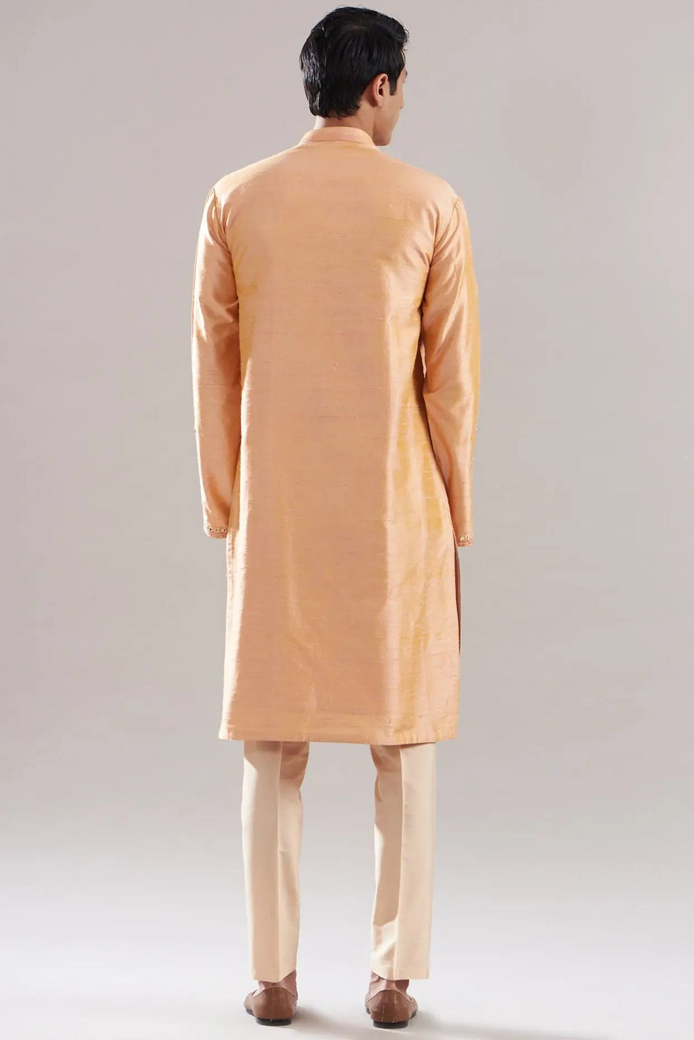 Peach Raw Silk Embroidered Kurta Set - Asuka Couture