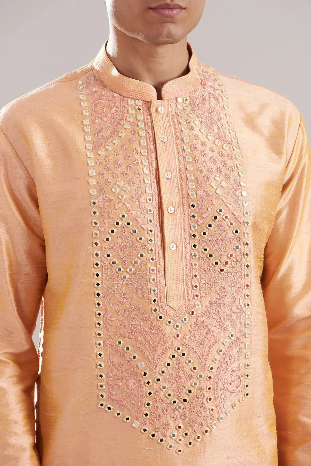 Peach Raw Silk Embroidered Kurta Set - Asuka Couture