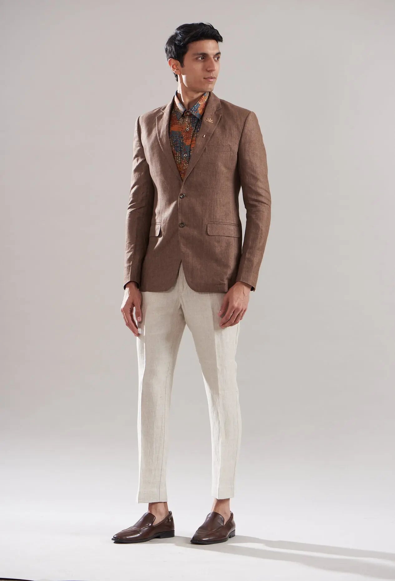 Nude Brown Linen Blazer Set: Textured Twill Elegance