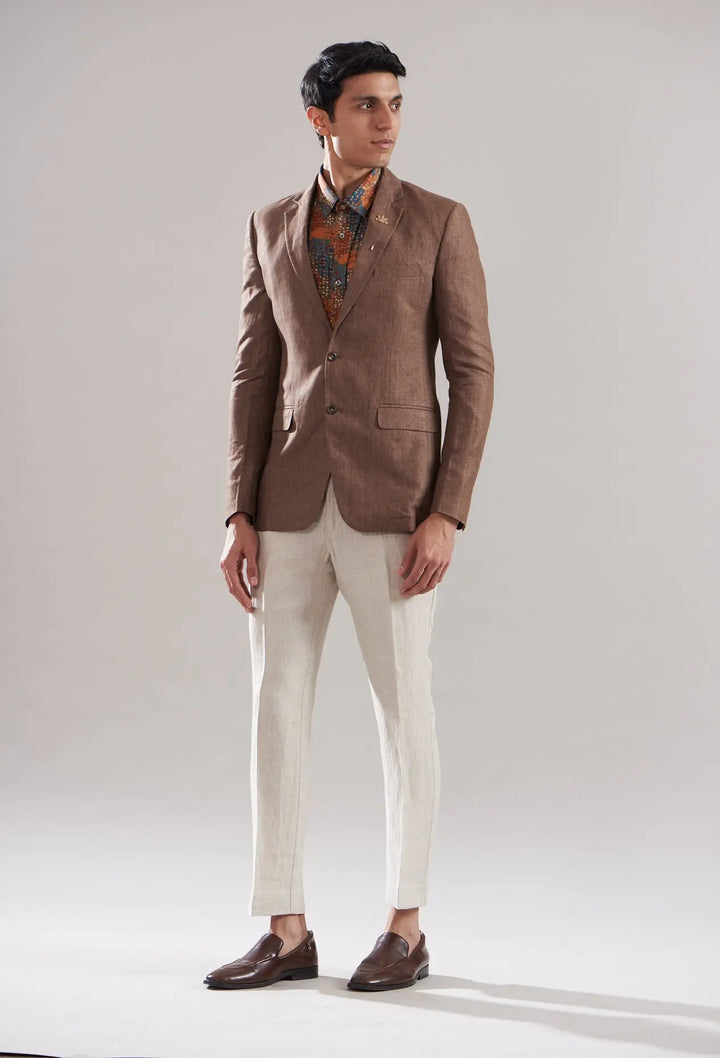 Nude Brown Linen Blazer Set: Textured Twill Elegance - Asuka Couture
