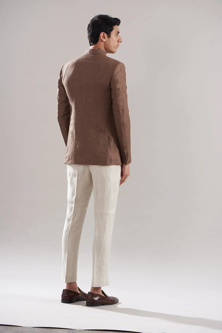 Nude Brown Linen Blazer Set: Textured Twill Elegance - Asuka Couture