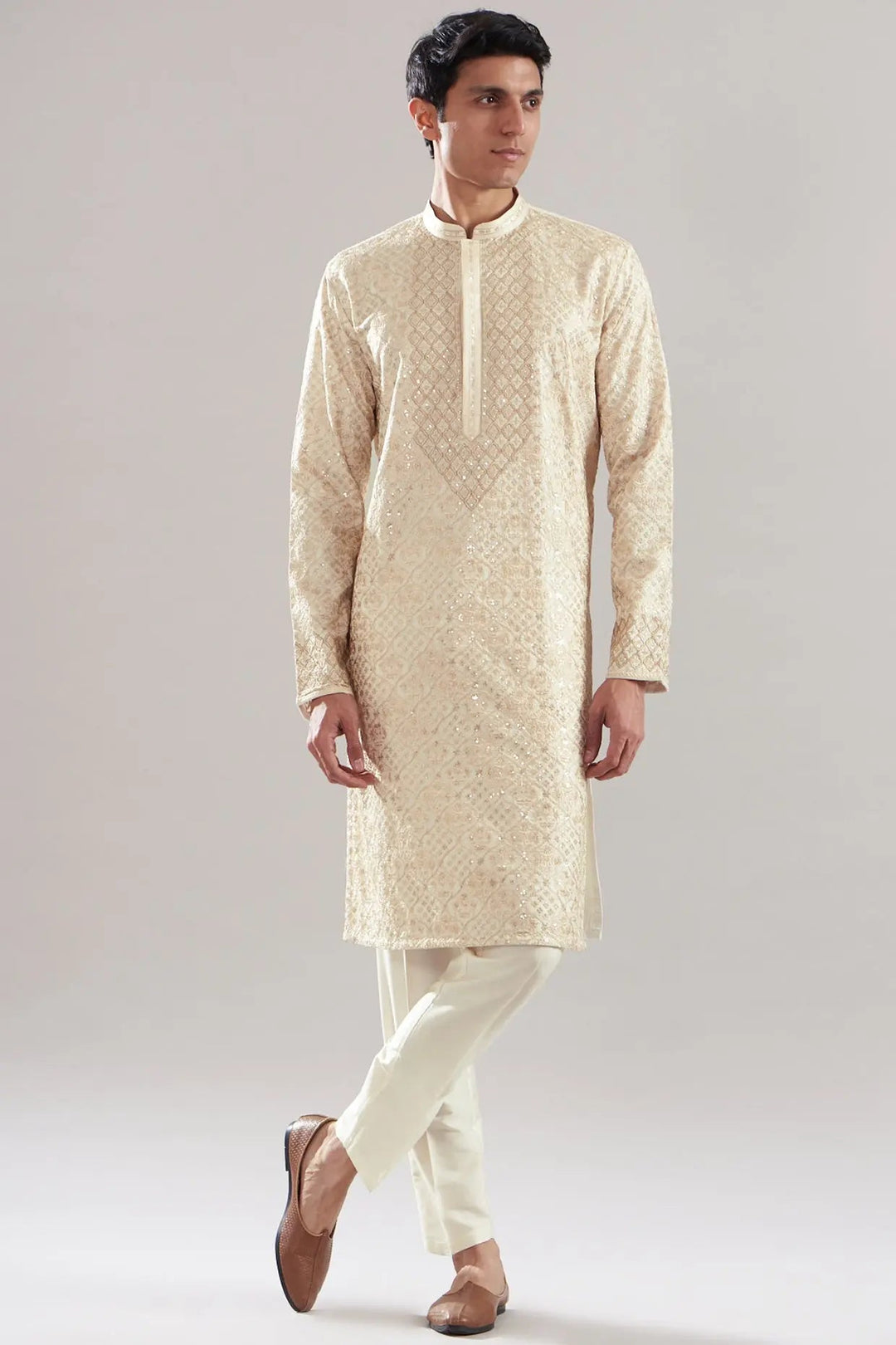 Ivory Chanderi Silk Embroidered Kurta Set - Asuka Couture