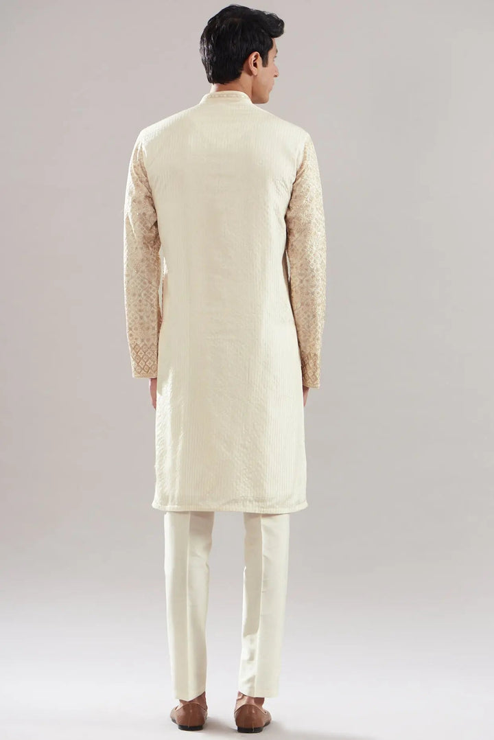 Ivory Chanderi Silk Embroidered Kurta Set - Asuka Couture