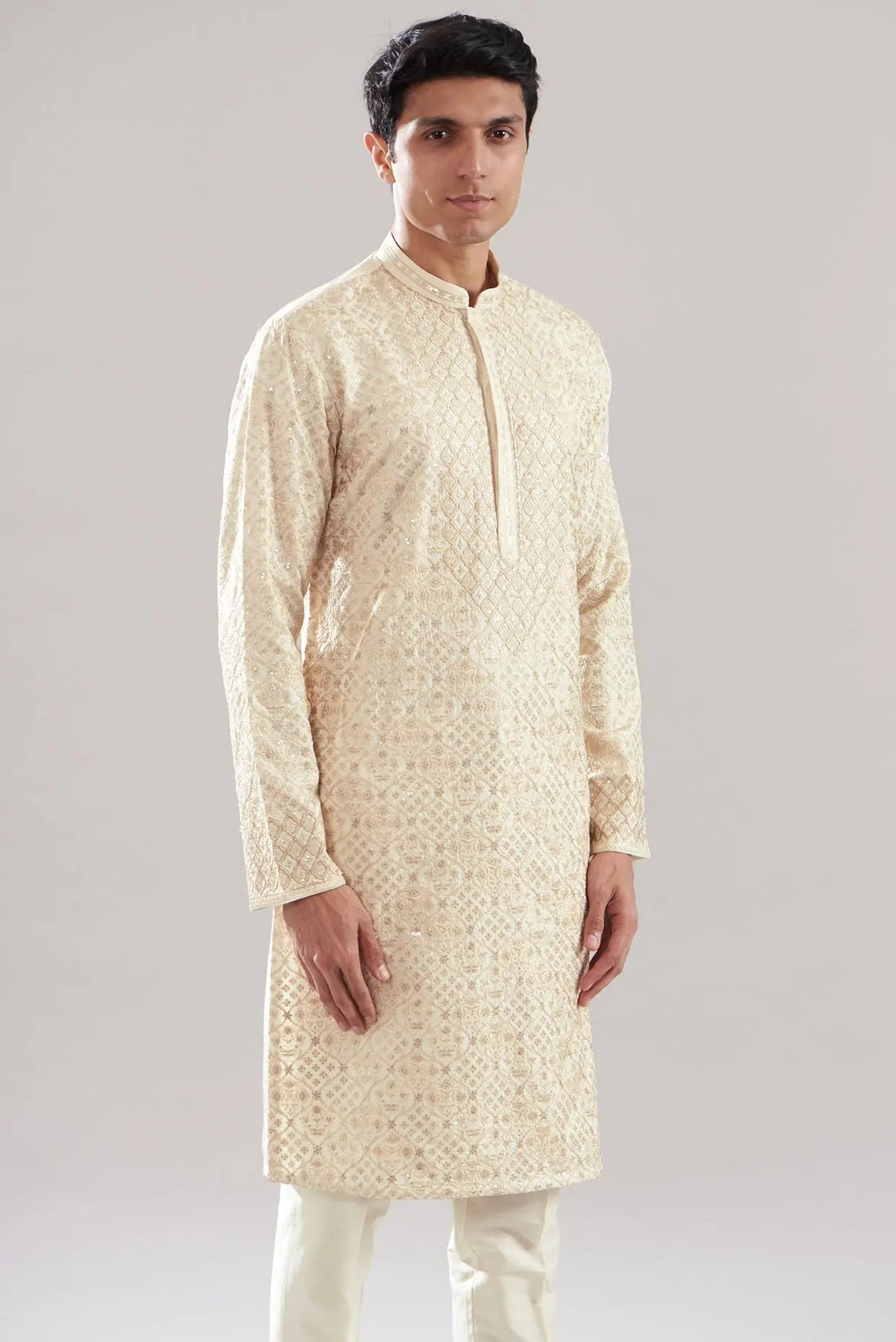 Ivory Chanderi Silk Embroidered Kurta Set - Asuka Couture