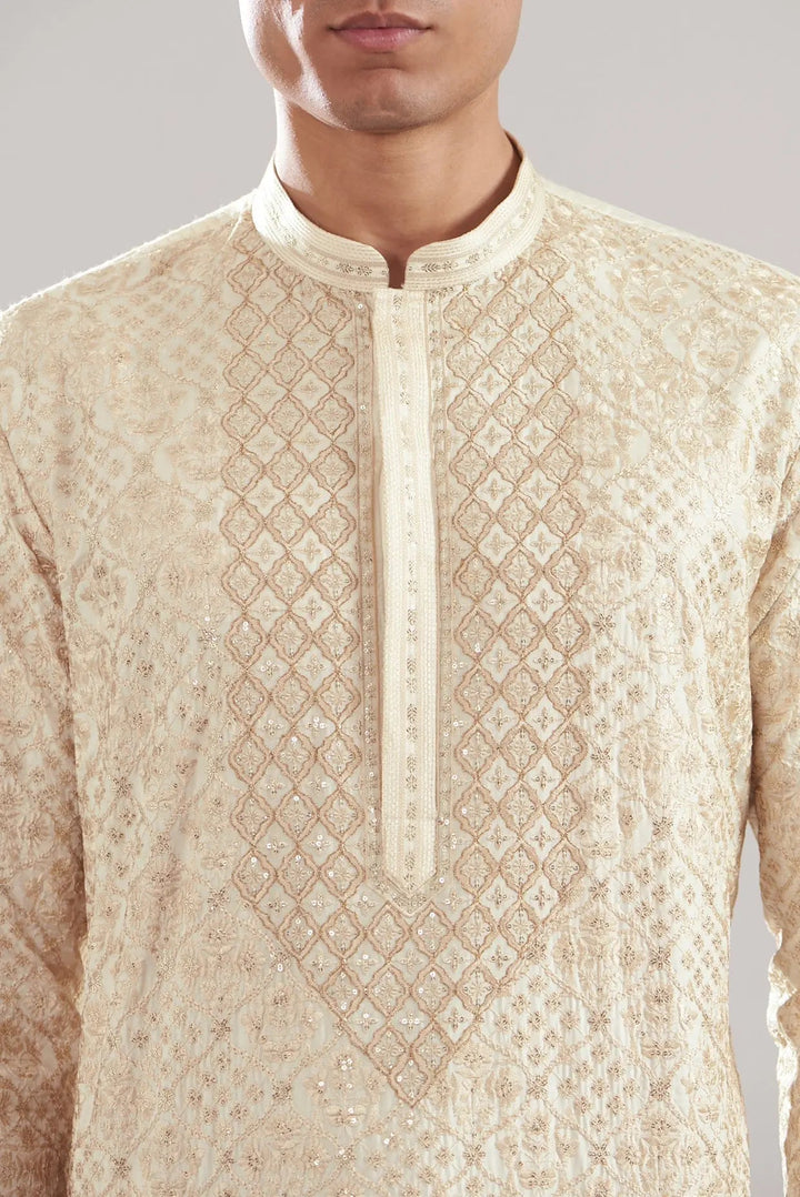 Ivory Chanderi Silk Embroidered Kurta Set - Asuka Couture