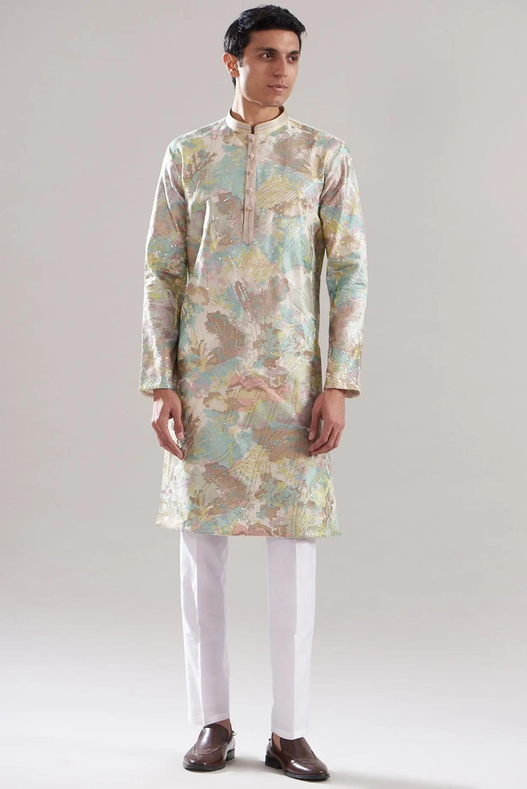 Ivory Abstract Chanderi Silk Embroidered Kurta - Asuka Couture