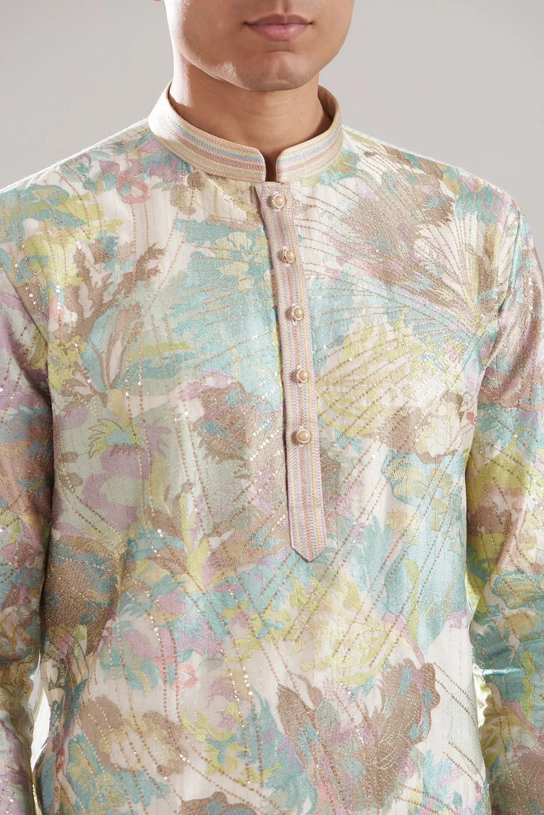 Ivory Abstract Chanderi Silk Embroidered Kurta - Asuka Couture