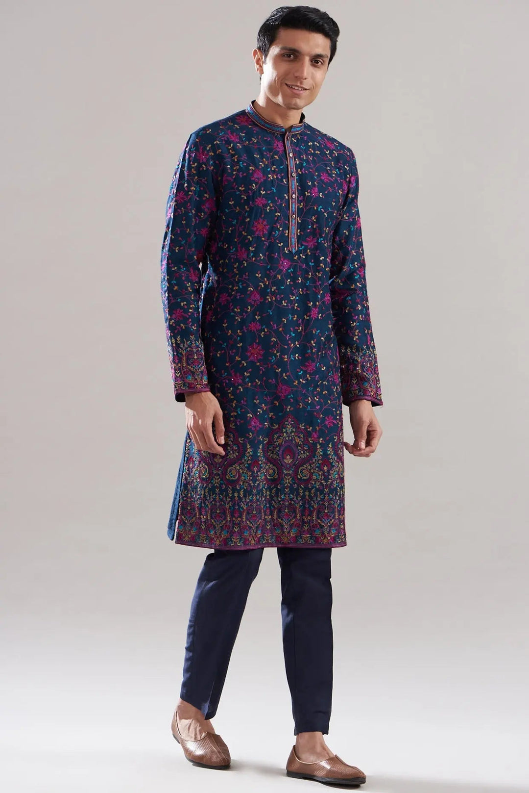 Ink Blue Cotton Silk Embroidered Kurta Set - Asuka Couture