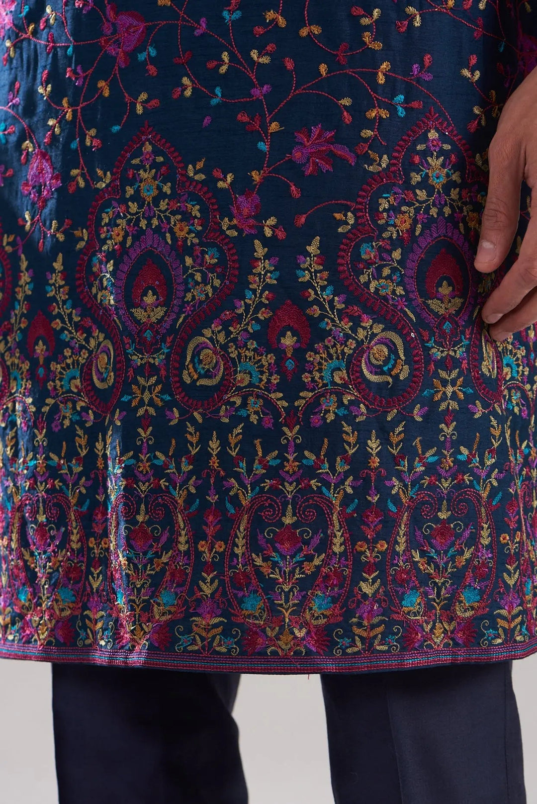 Ink Blue Cotton Silk Embroidered Kurta Set - Asuka Couture