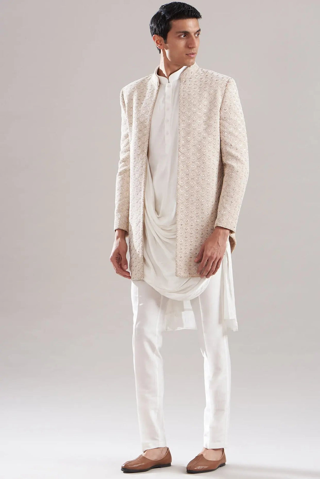 White Raw Silk Embroidered Indowestern Set - Asuka Couture