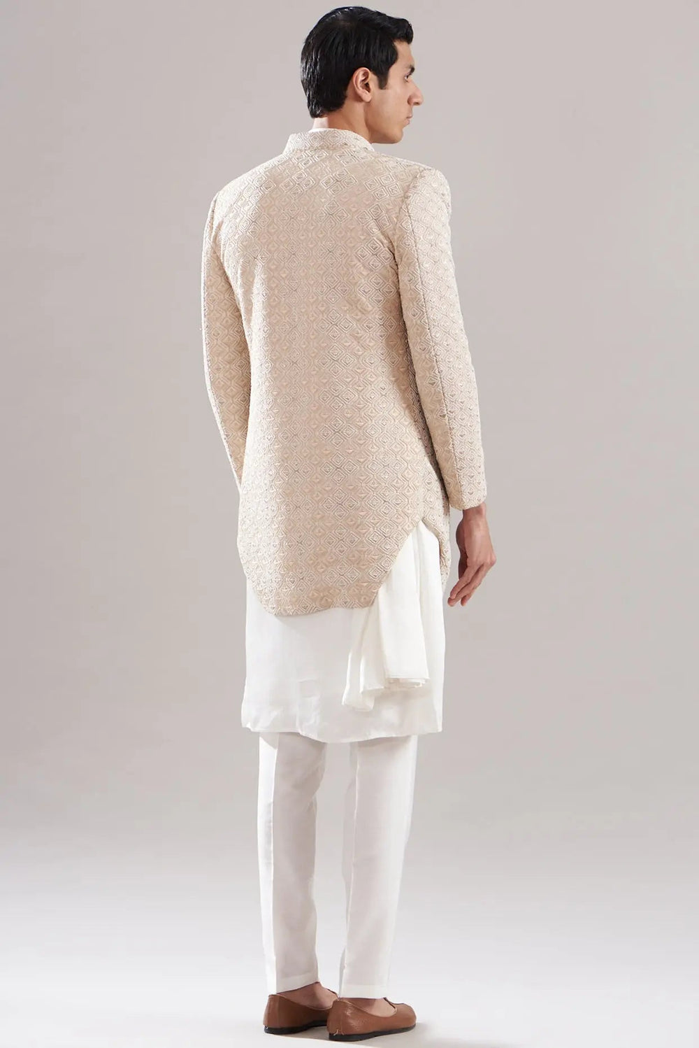 White Raw Silk Embroidered Indowestern Set - Asuka Couture
