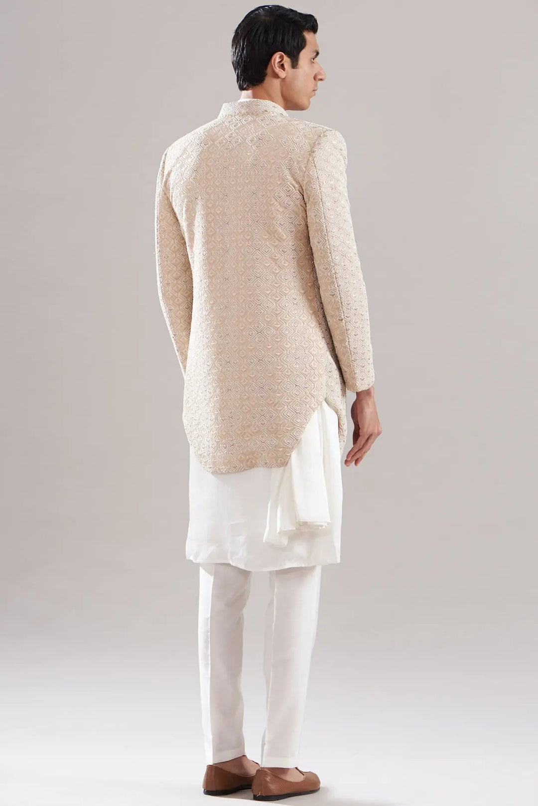 White Raw Silk Embroidered Indowestern Set - Asuka Couture