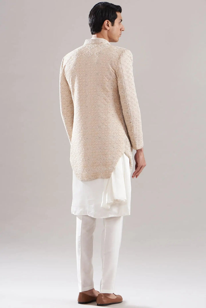 White Raw Silk Embroidered Indowestern Set - Asuka Couture