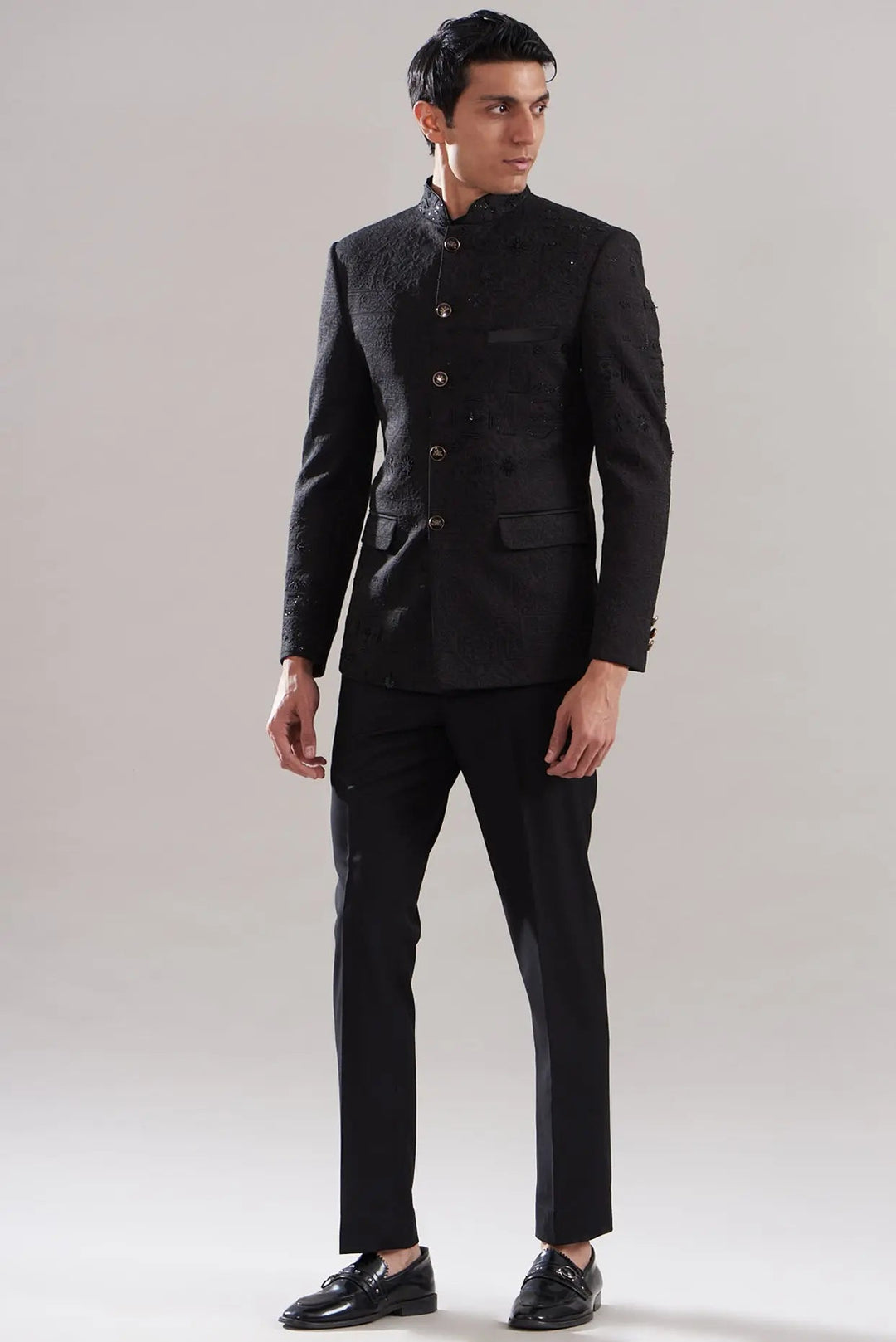 Black Scuba Embellished Bandhgala - Asuka Couture