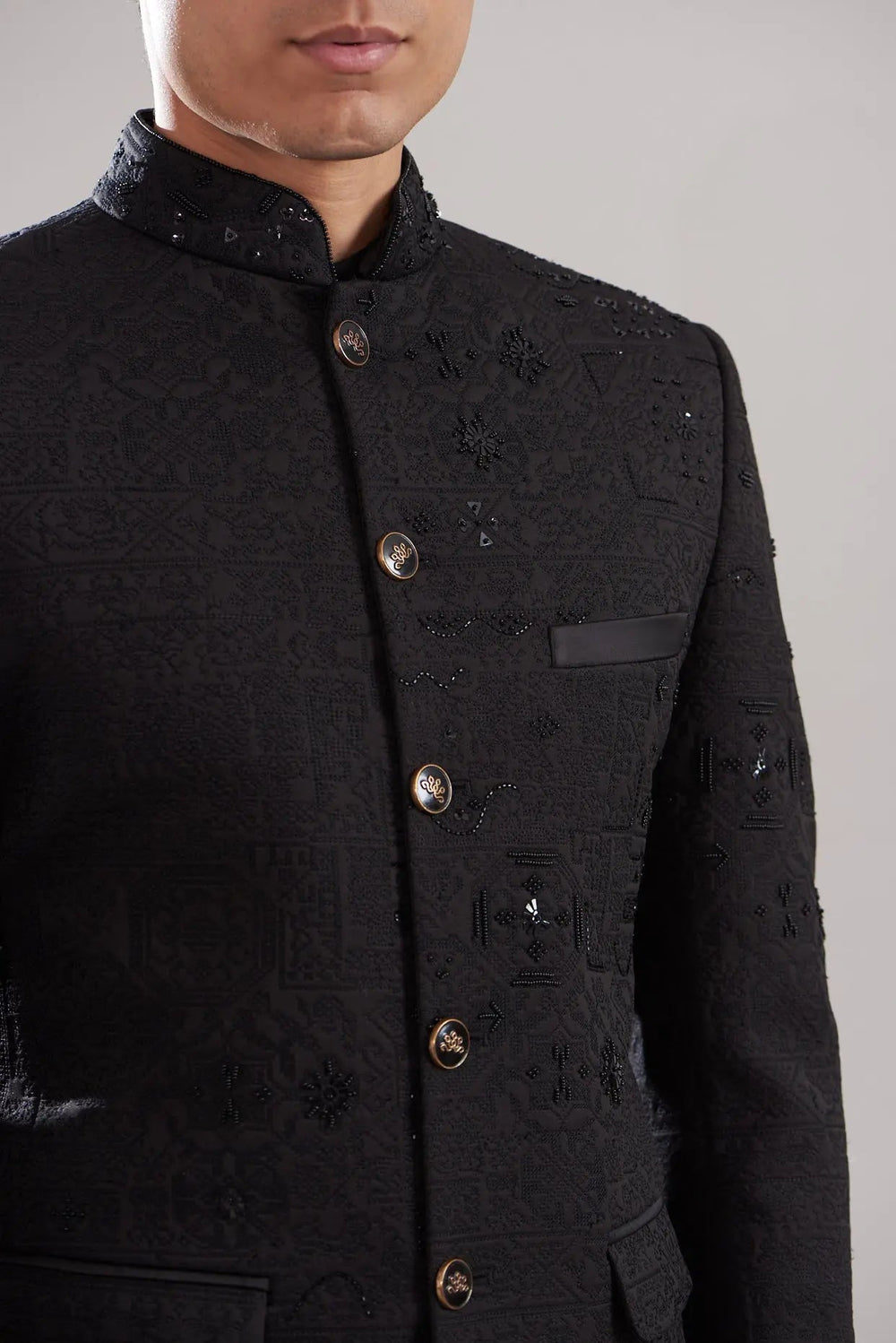 Black Scuba Embellished Bandhgala - Asuka Couture