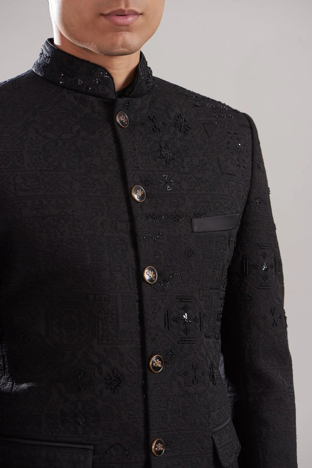 Black Scuba Embellished Bandhgala - Asuka Couture