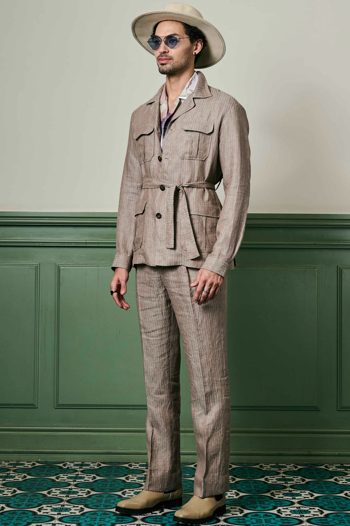 Affordable Herringbone Textured Linen Safari Suit 