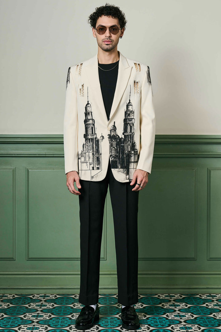 Affordable Ivory Cityscape Hand-Painted Ceremonial Suit