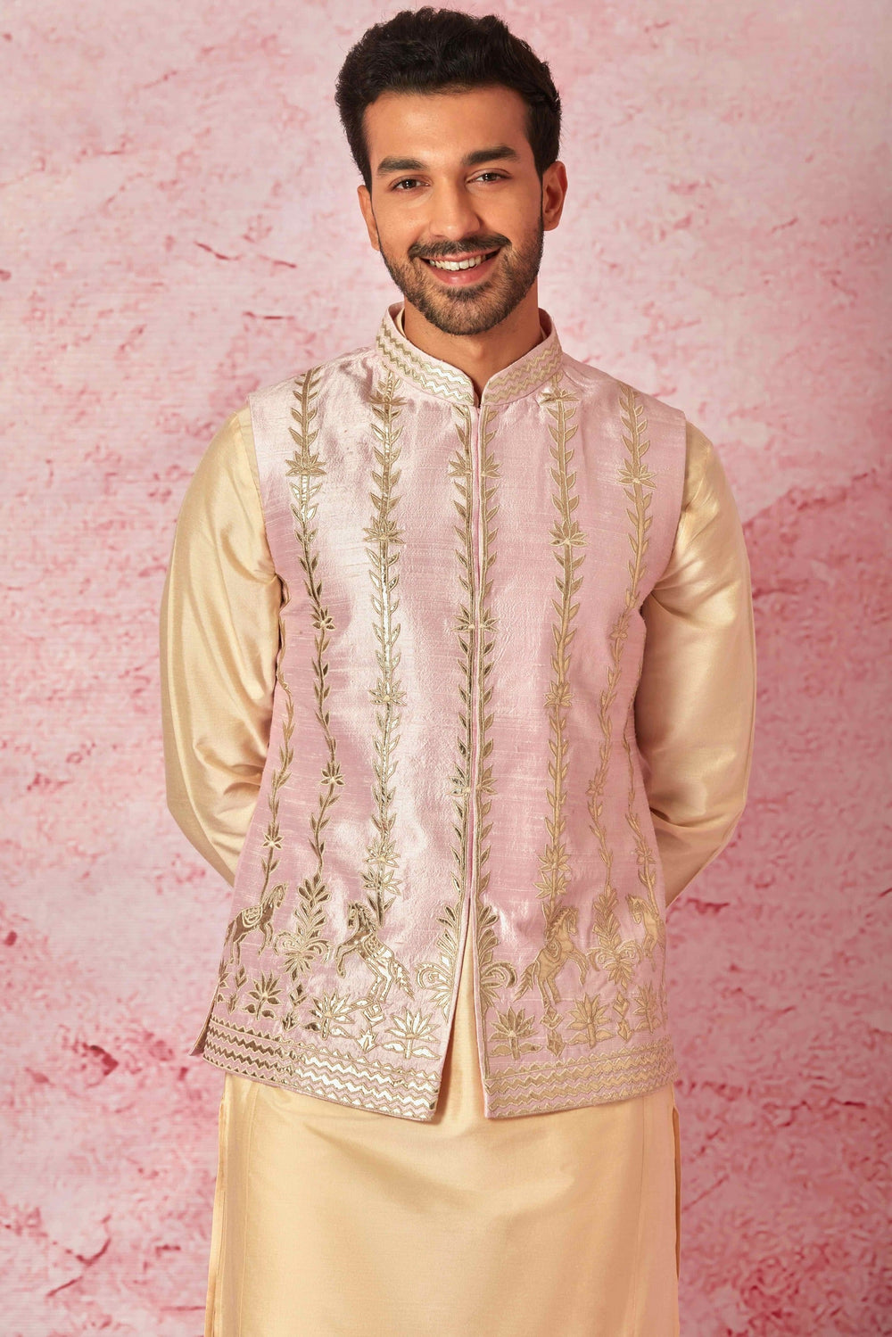Affordable Pink Raw Silk Bundi with Cotton Silk Kurta Set