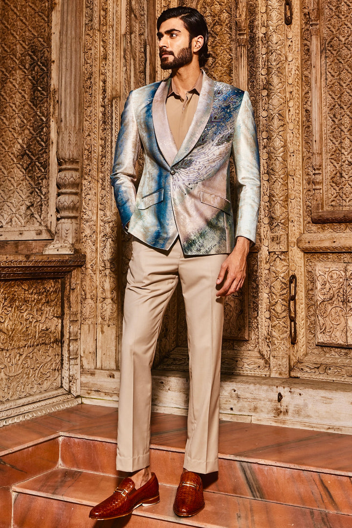 Affordable Sky Blue Peacock Velvet Feather Embroidered Tuxedo Set