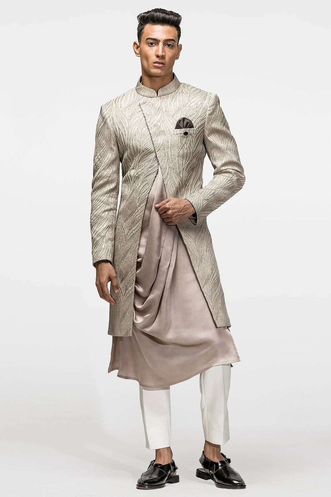 Beige Asymmetric Embroidered Angrakha - Asuka Couture