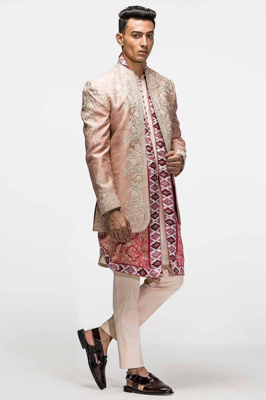 Subdued Peach Kiran Dori Embroidered Open Bandhgala - Asuka Couture