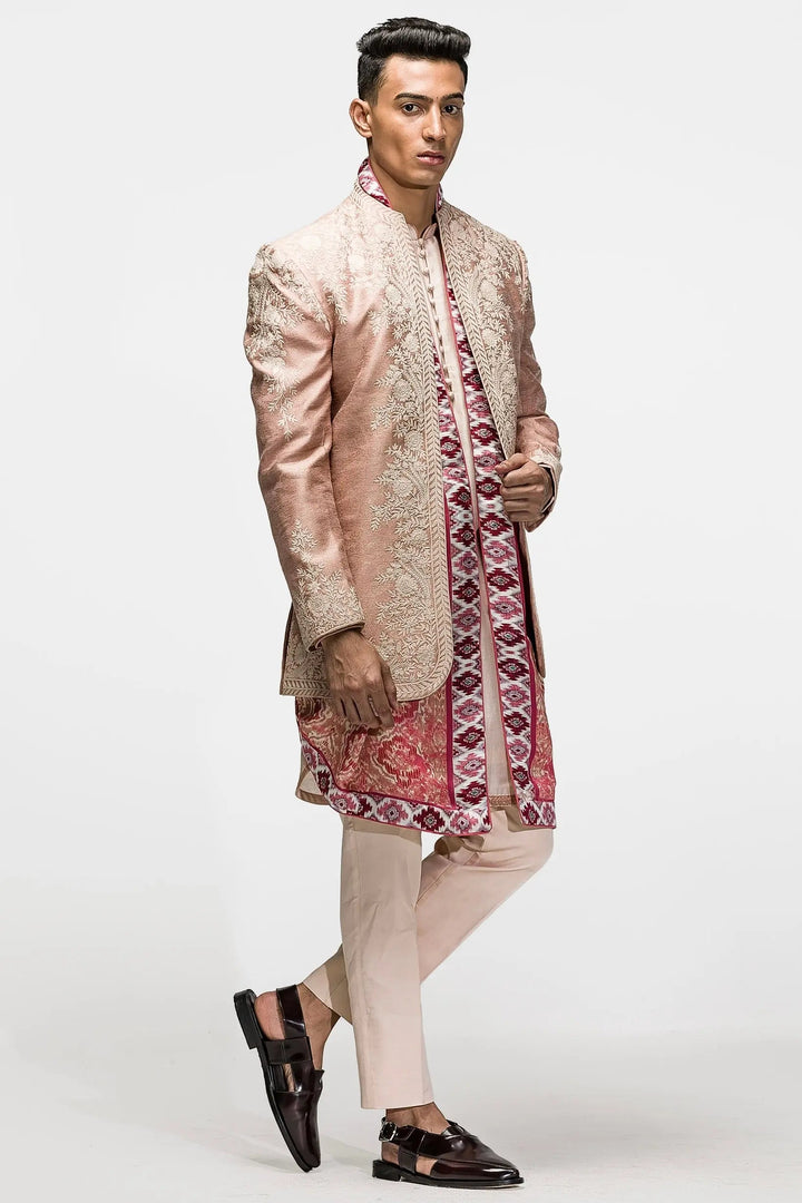 Subdued Peach Kiran Dori Embroidered Open Bandhgala - Asuka Couture