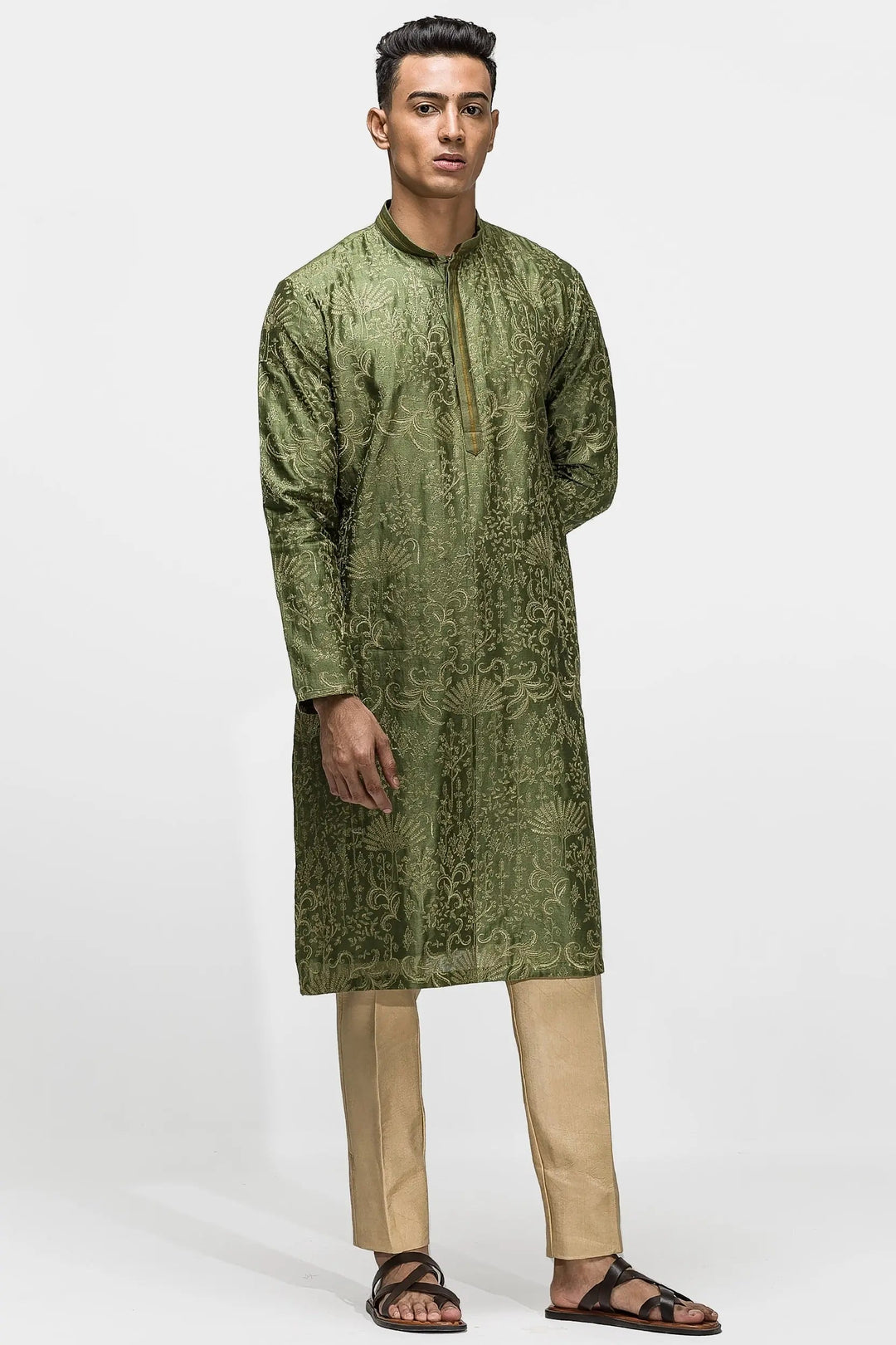 Mehendi Green Floral Embroidery Kurta - Asuka Couture