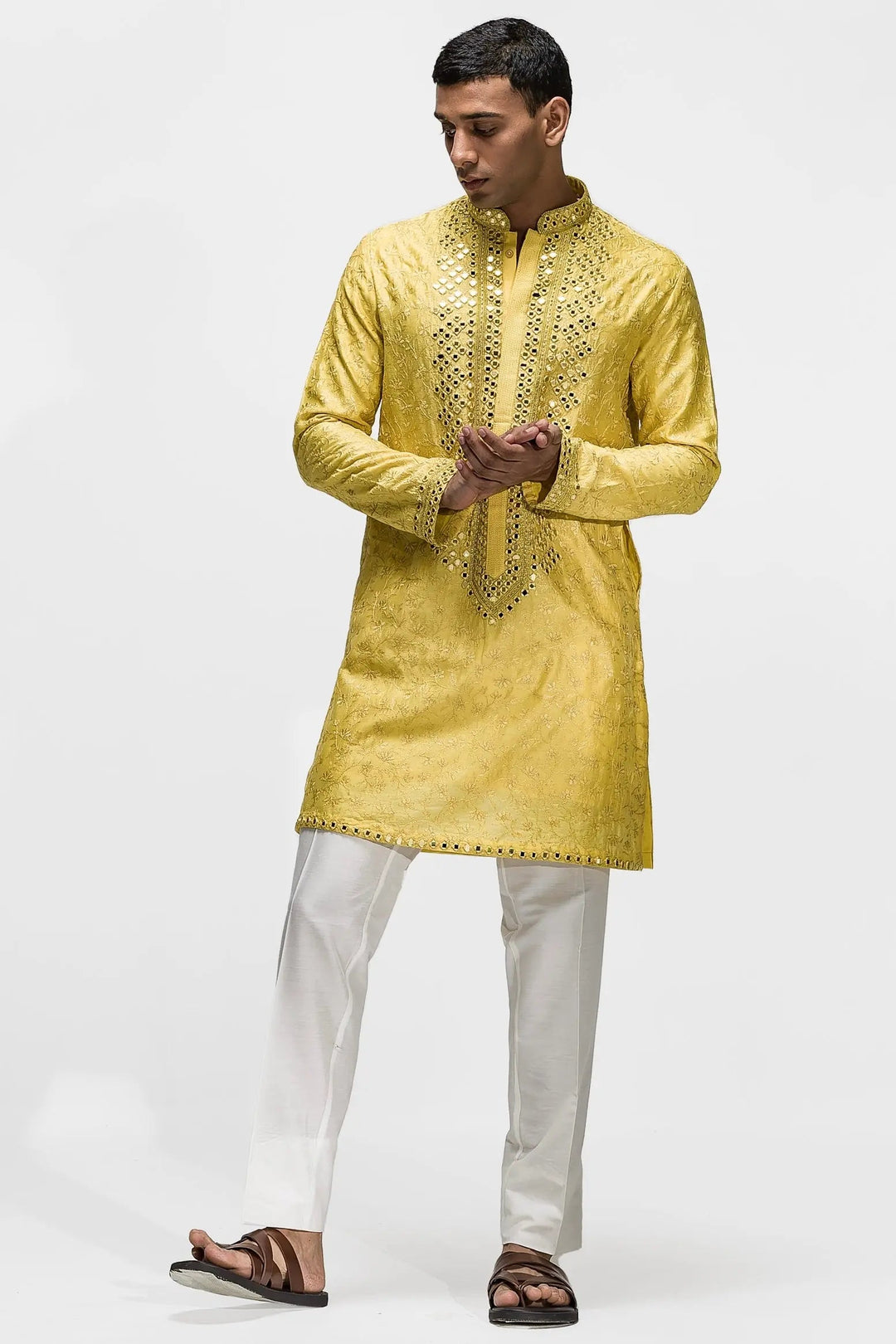 Yellow Resham Mirror Work Kurta - Asuka Couture