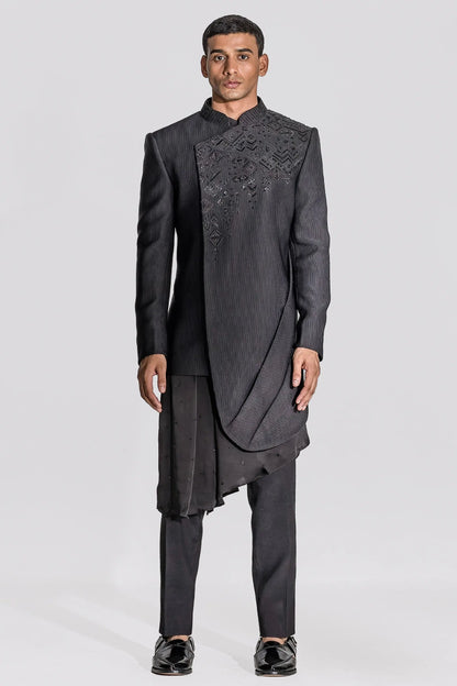 Minimally Magnificent Black Asymmetrical Angrakha Achkan