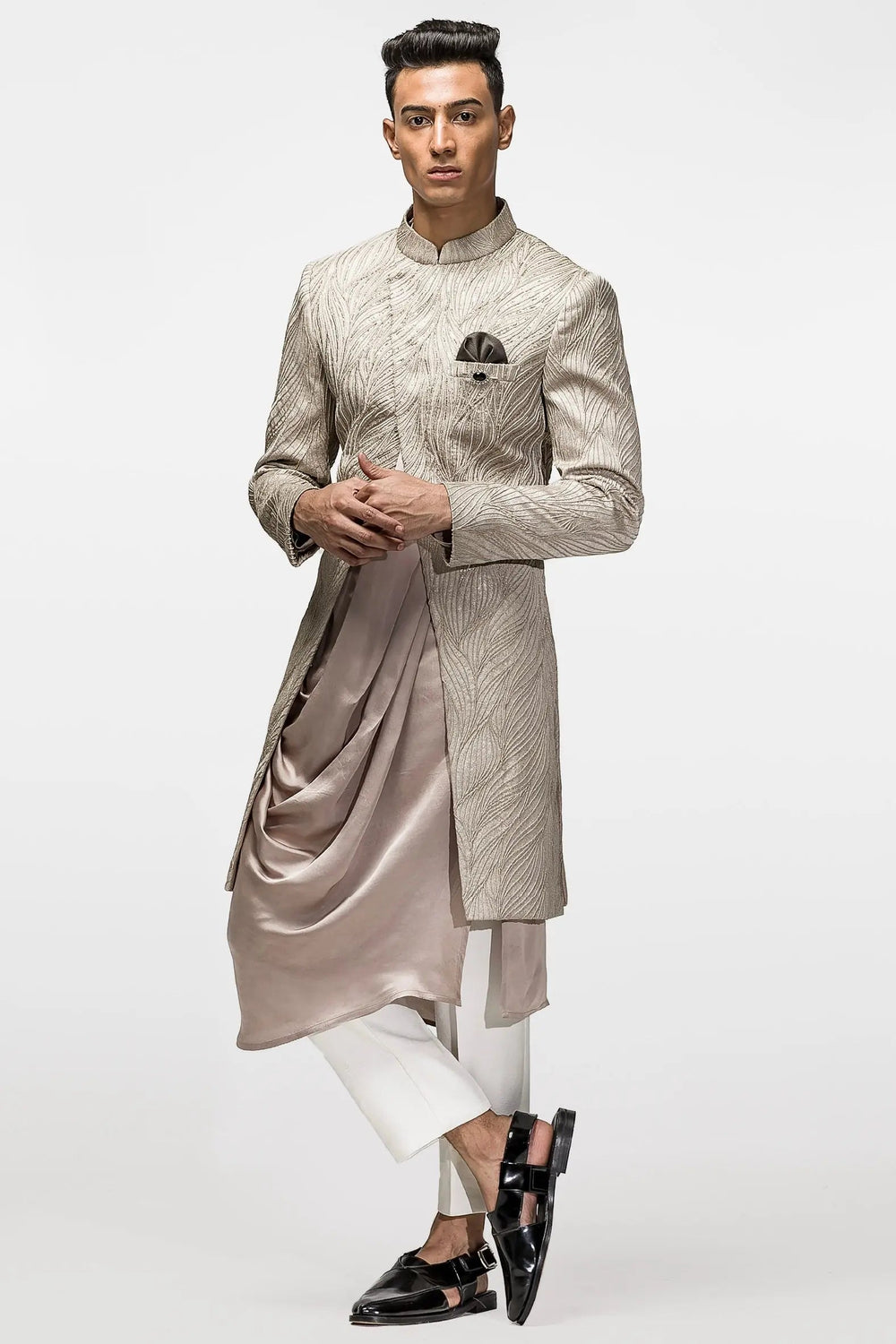 Beige Asymmetric Embroidered Angrakha - Asuka Couture