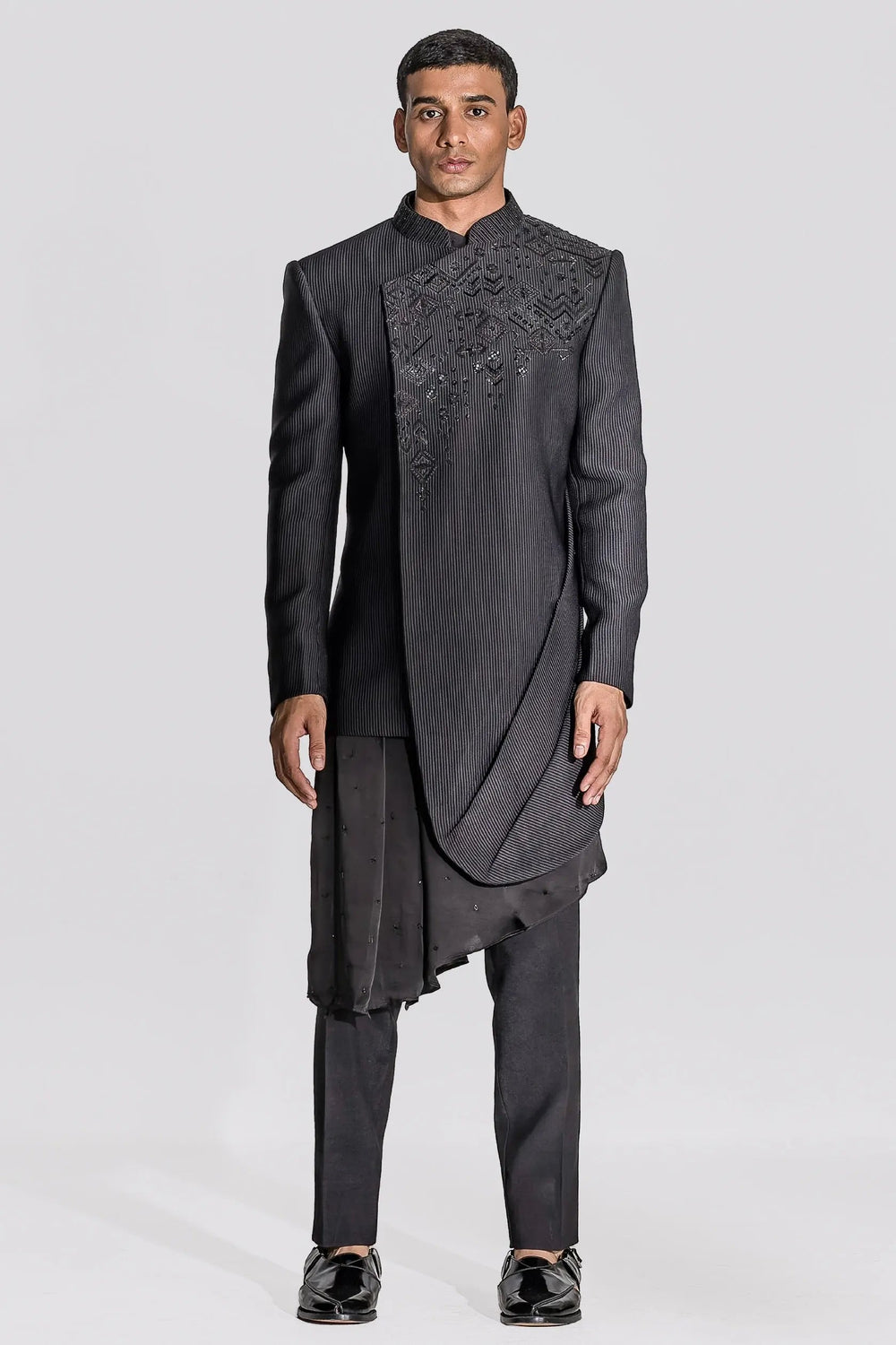 Minimally Magnificent Black Asymmetrical Angrakha Achkan - Asuka Couture