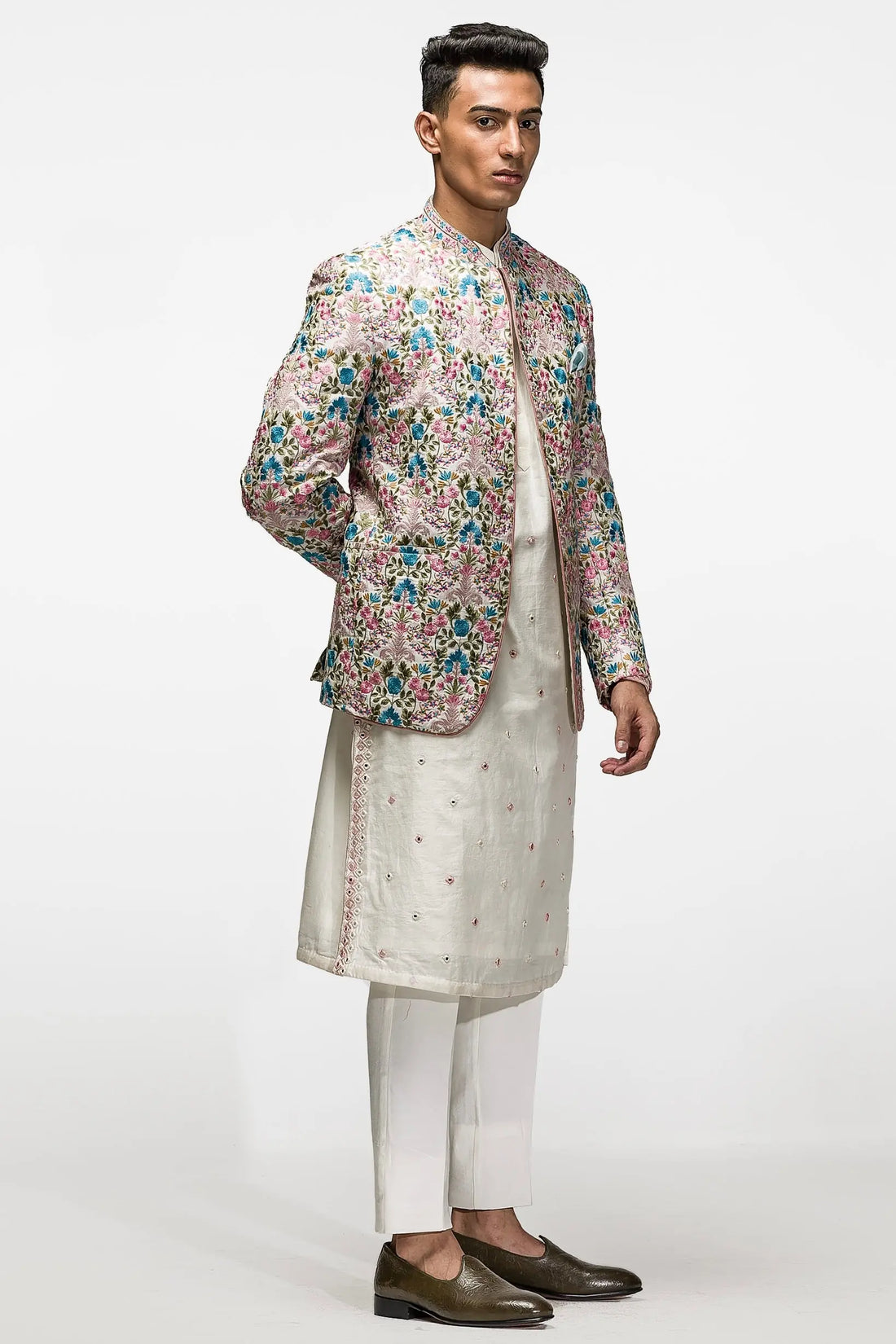 Multicoloured Floral Resham Embroidery Bandhgala