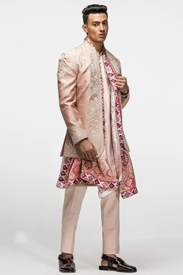 Subdued Peach Kiran Dori Embroidered Open Bandhgala - Asuka Couture