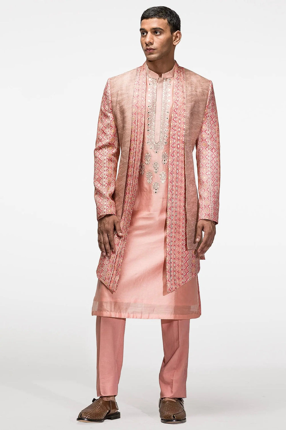Salmon Pink Mirror Work Open achkan - Asuka Couture