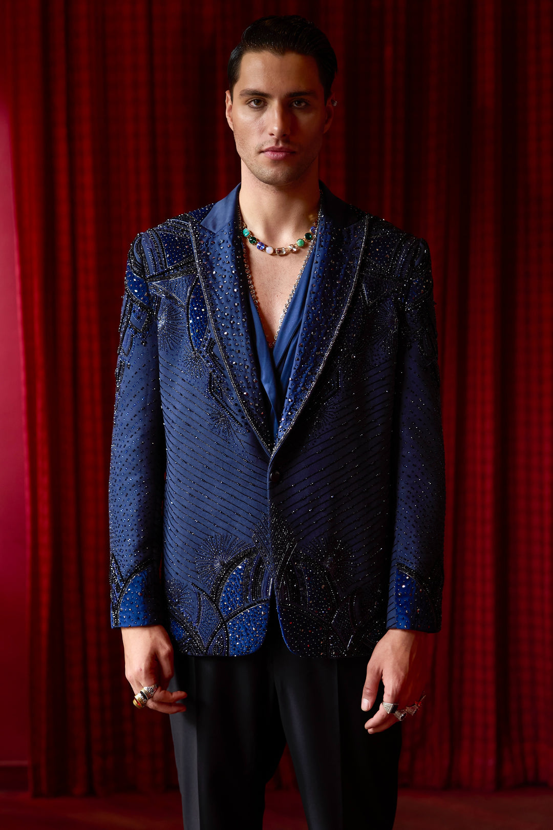 Midnight Sapphire Embroidered Tuxedo Set