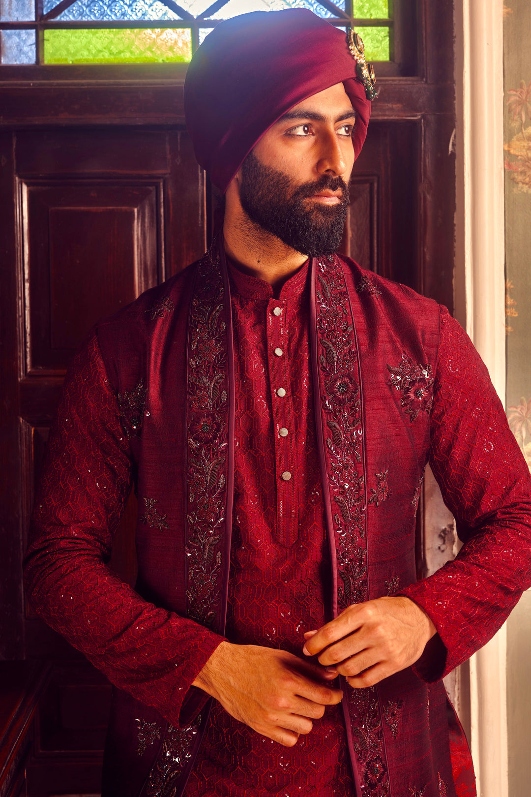 Ruby Chanderi Embroidered Open Kurta Bundi Set
