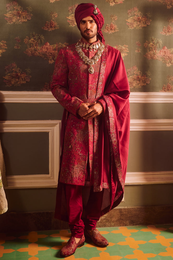 Wine Pitta Moti Silk Embroidered Sherwani