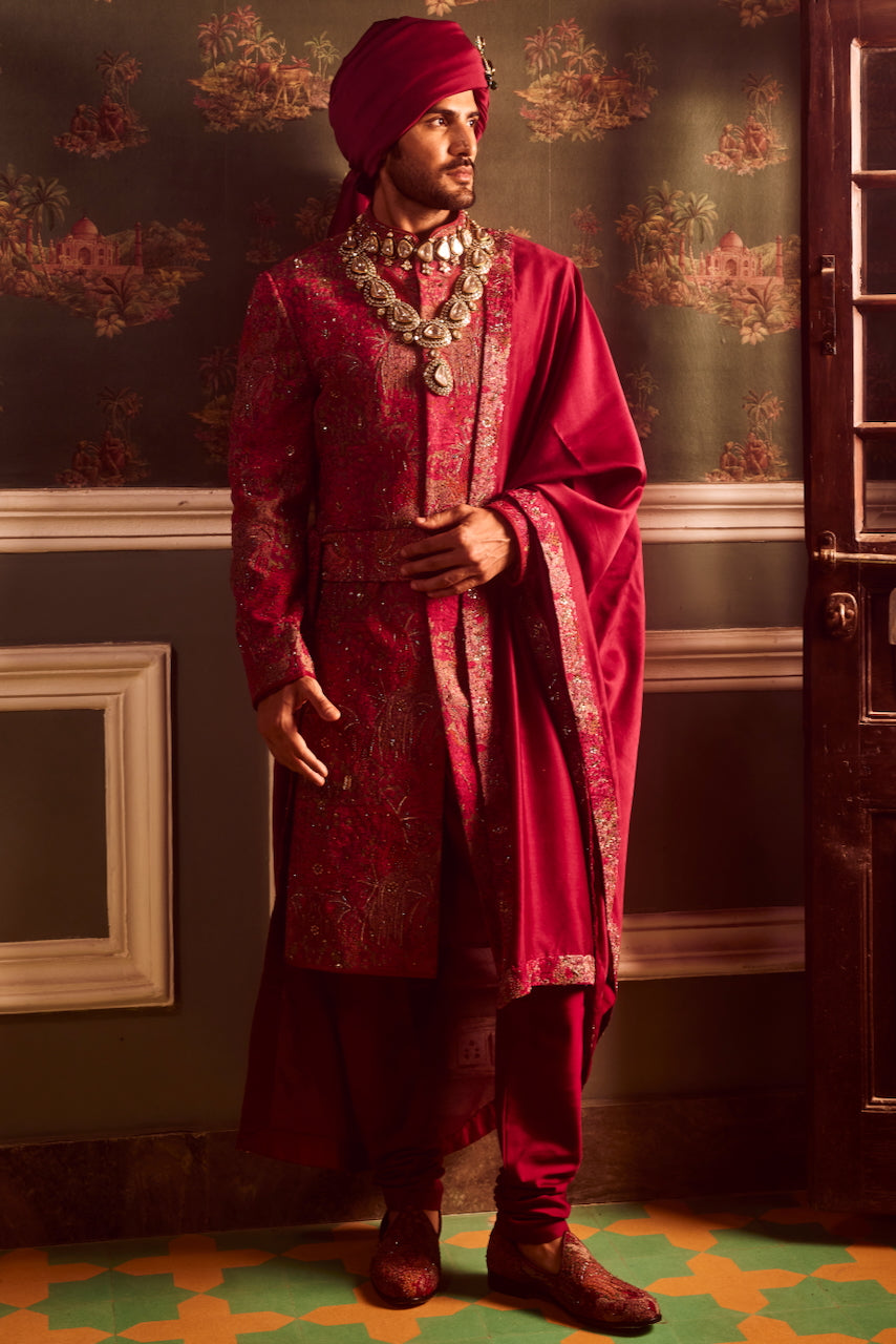 Wine Pitta Moti Silk Embroidered Sherwani