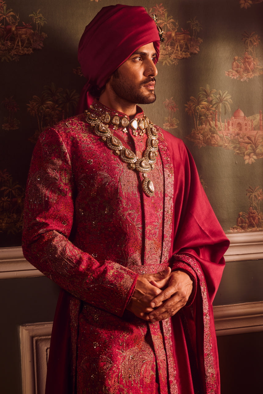 Wine Pitta Moti Silk Embroidered Sherwani