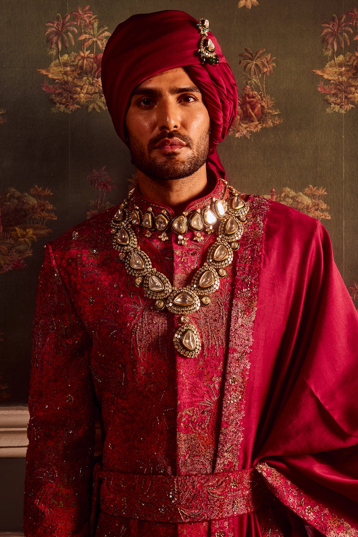 Wine Pitta Moti Silk Embroidered Sherwani